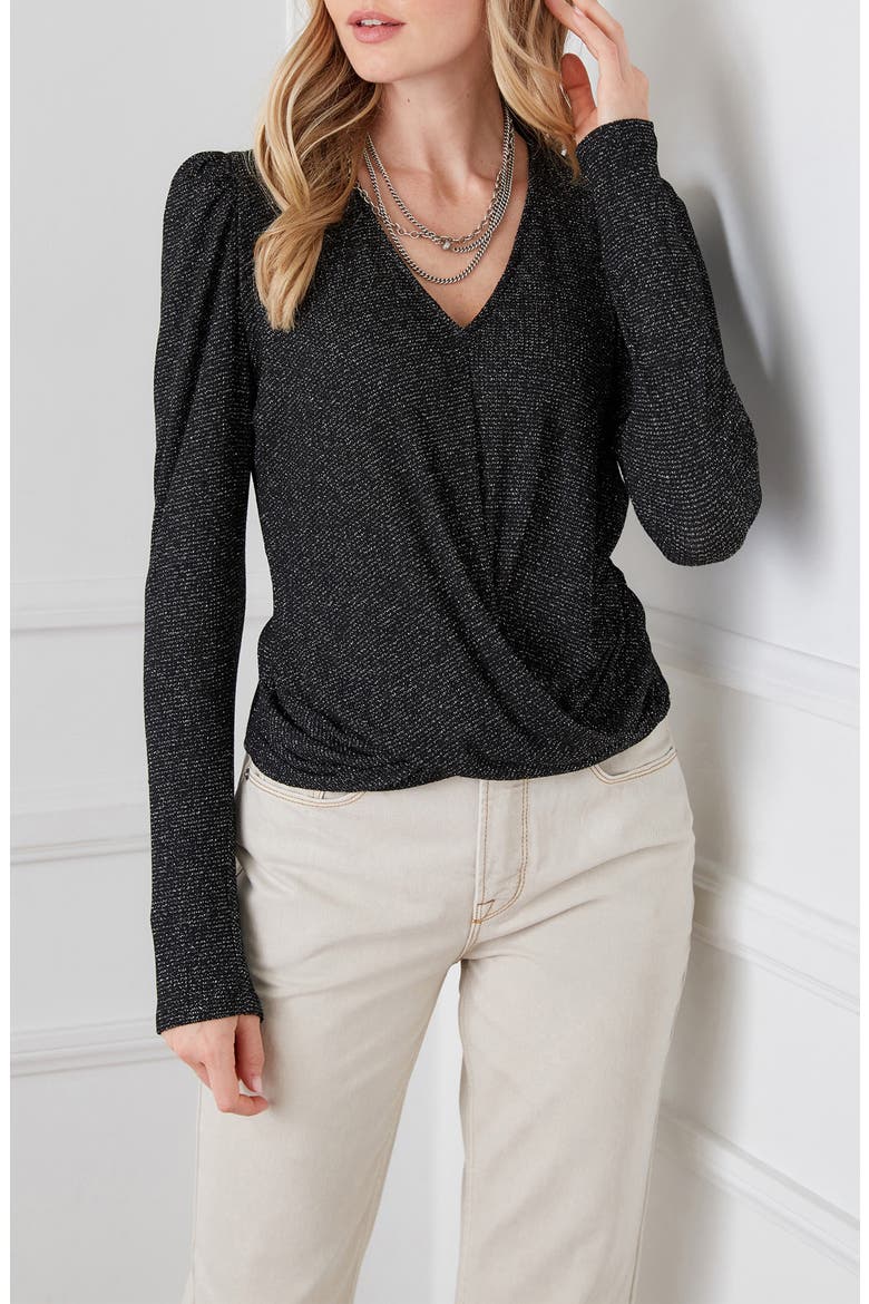 Metallic Twist Front V-Neck Top, Alternate, color, BLACK W/ SILVER