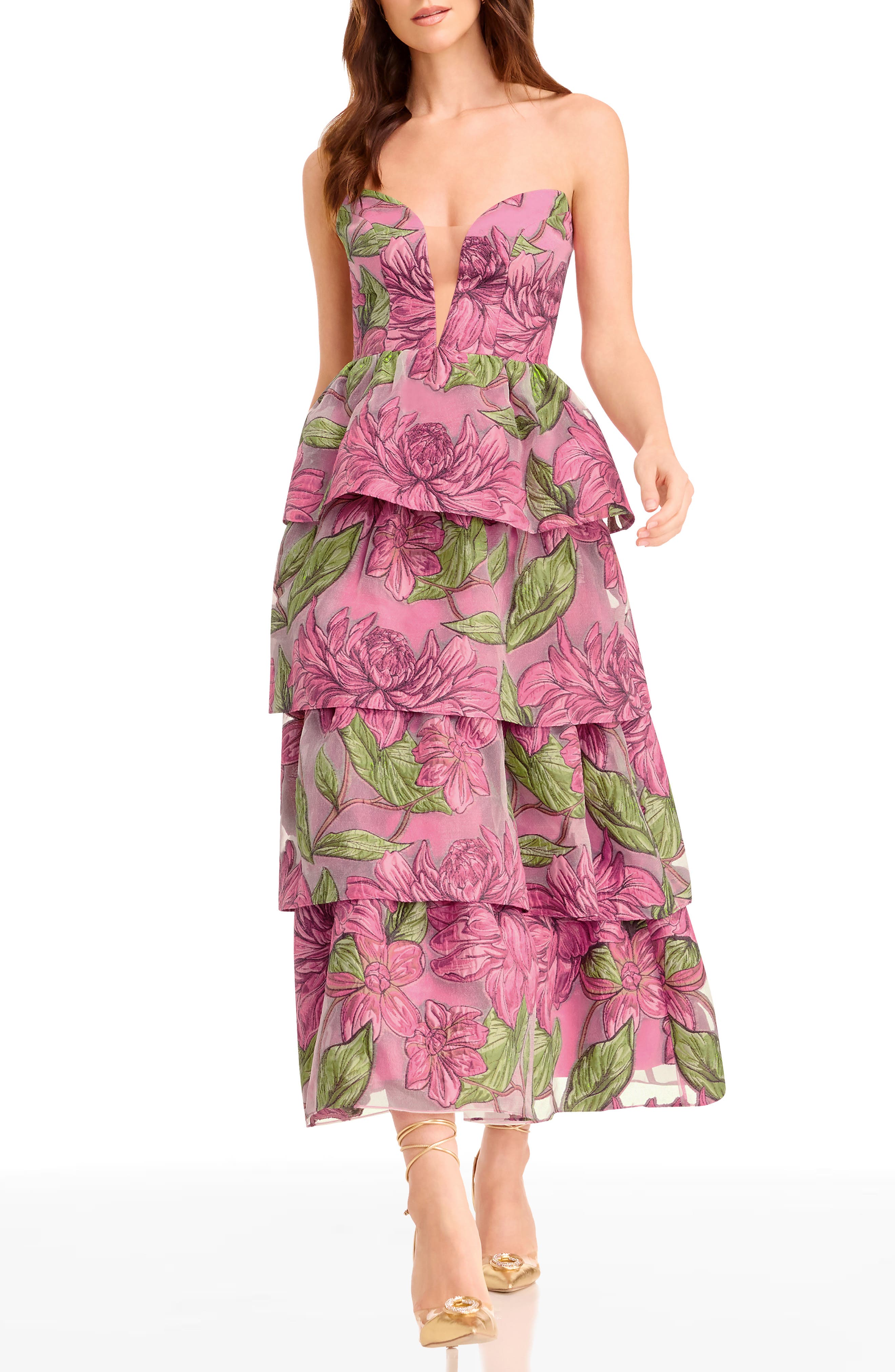 Savannah Floral Strapless Tiered Gown