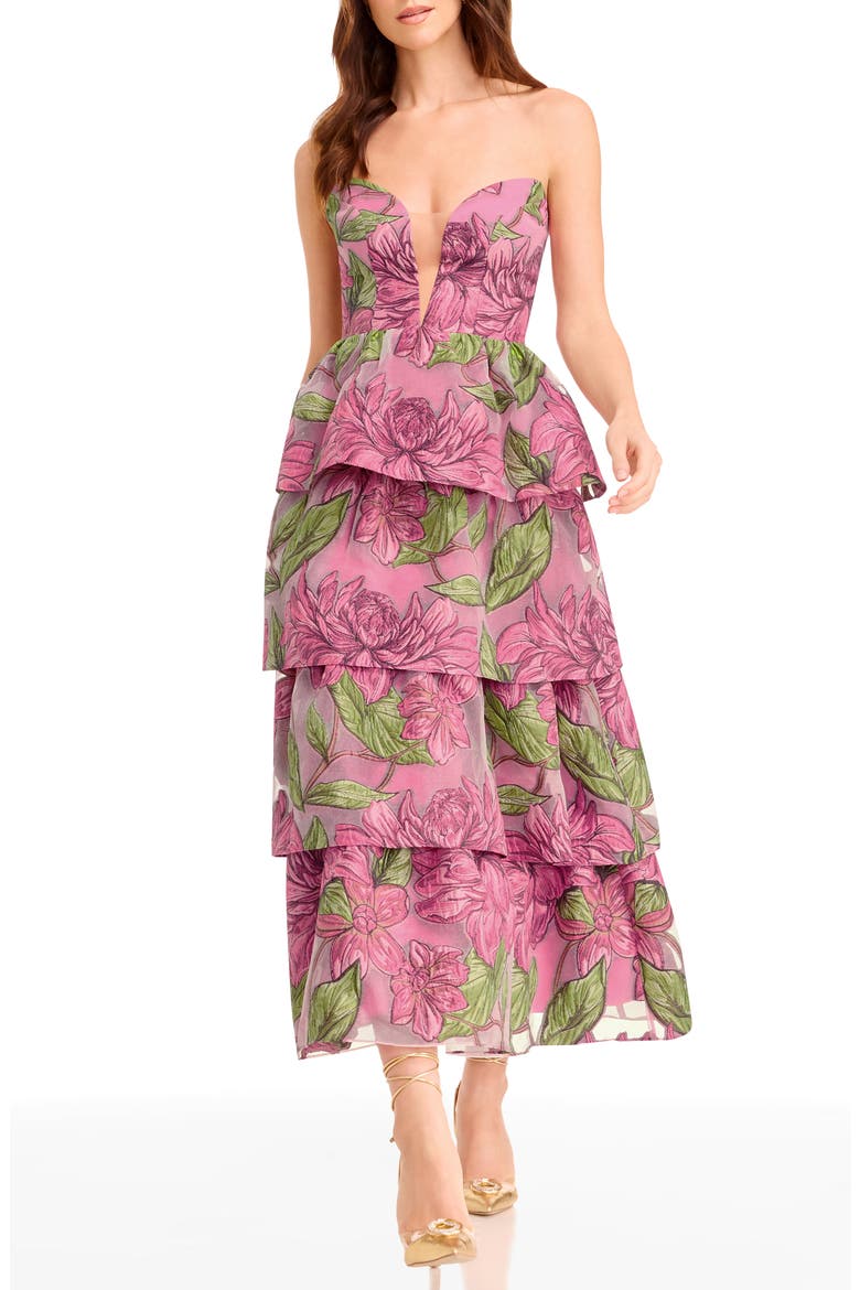 Savannah Floral Strapless Tiered Gown, Main, color, BRIGHT FUCHSIA MULTI