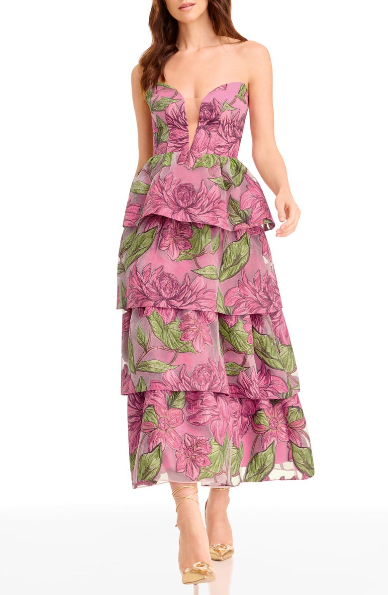 Dress the Population Savannah Floral Strapless Tiered Gown, Main, color, Bright Fuchsia Multi