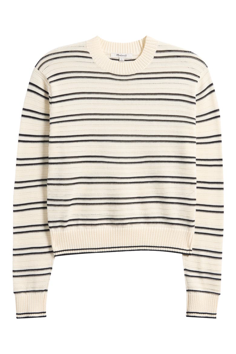 Striped Textured Stitch Cotton Crewneck Sweater, Alternate, color, IVORY AND BLACK DOUBLE STRIPE