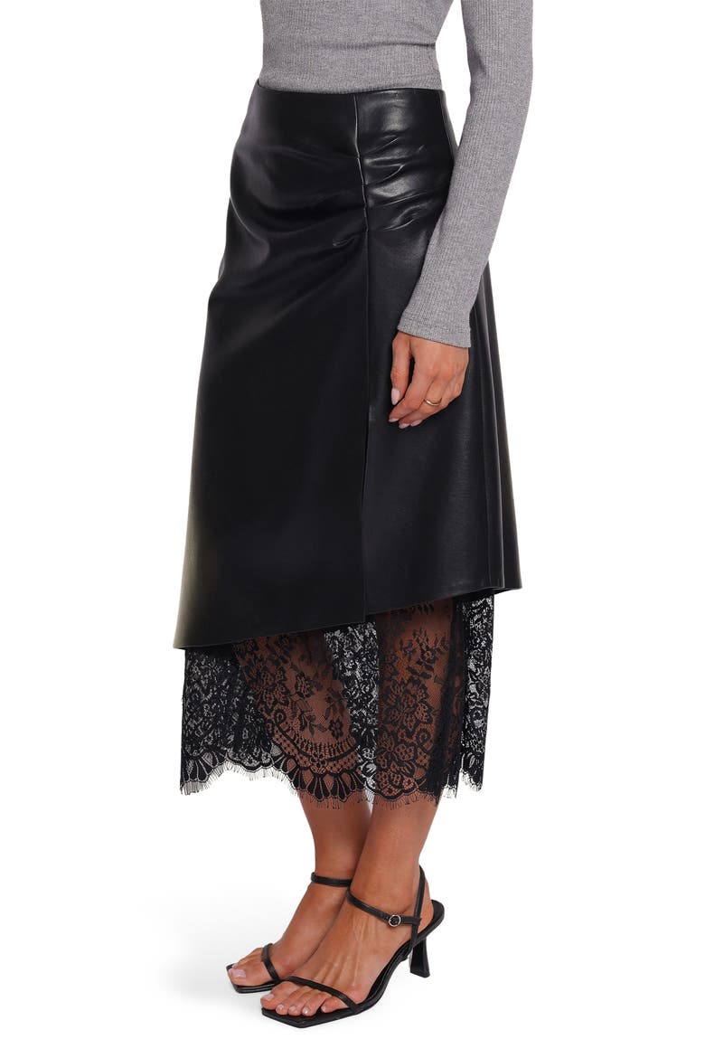 Freida Faux Leather Lace Trim Midi Skirt, Alternate, color, BLACK