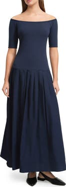 Marcella Mila Off the Shoulder Pleated Drop Waist Dress