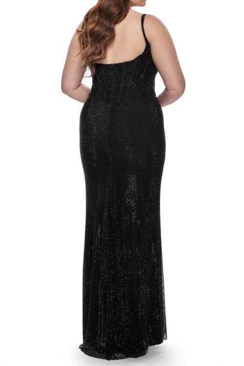 La Femme Jersey Long Plus Size Dress With Bustier Top And Tie Back