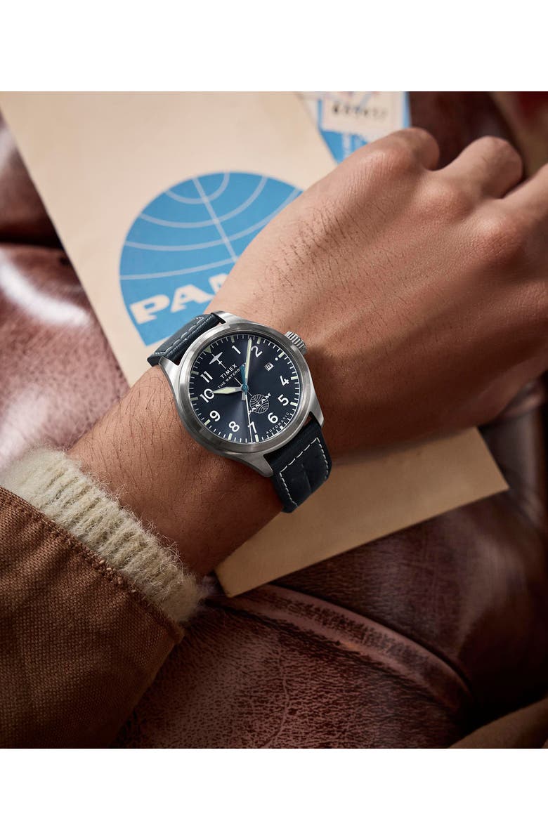 Timex<sup>®</sup> x Pan Am<sup>®</sup> Waterbury Ace Automatic Leather Strap Watch, 41mm, Alternate, color, Blue