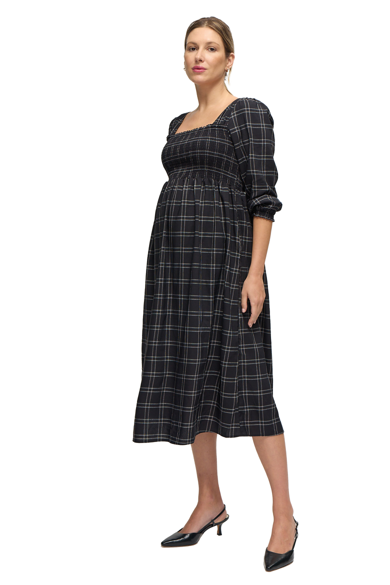 Maternity Ruffle Sleeve Midi Dress, Main, color, Black/White Windowpane