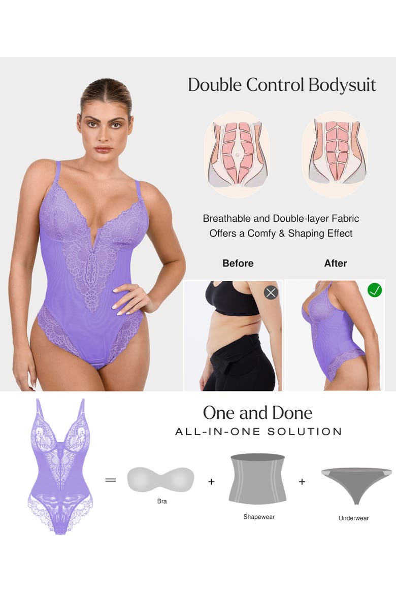 Plus Size Shapewear Lace Deep V-Neck Sculpting Thong Bodysuit, Alternate, color, Wisteria