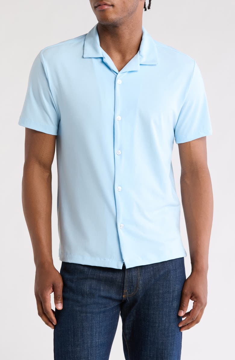 DENIM AND FLOWER Knit Camp Shirt, Main, color, Light Blue