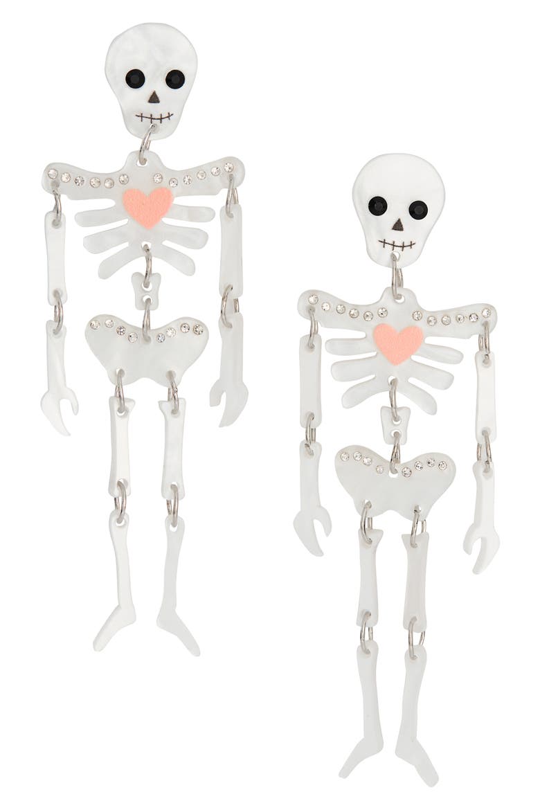 Halloween Skeleton Drop Earrings, Main, color, WHITE- SILVER