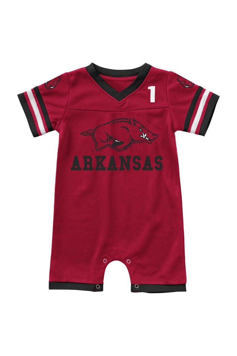 Newborn & Infant Colosseum Cardinal Arkansas Razorbacks Bumpo Football Logo Romper, Main, color, Cardinal