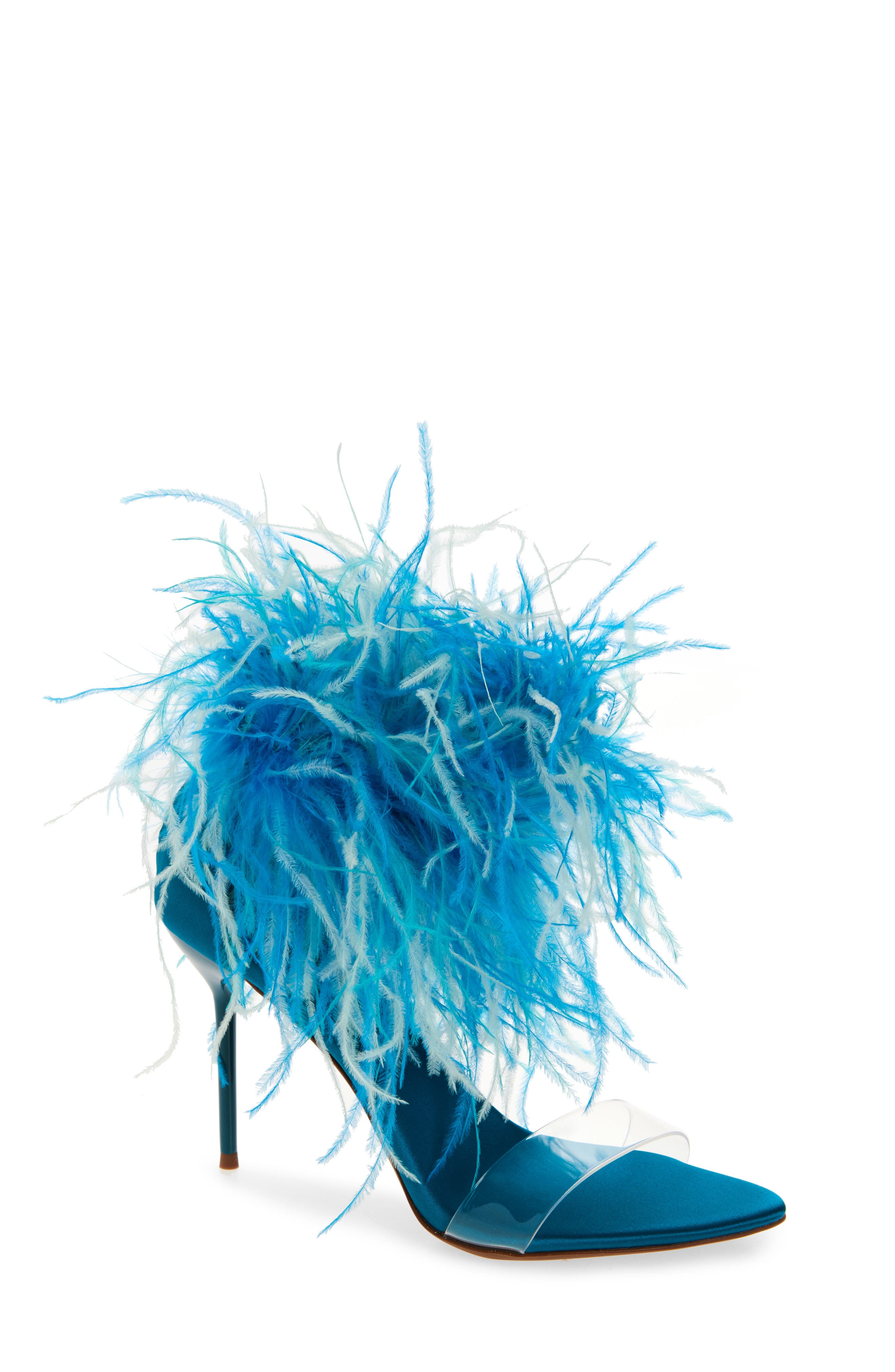 Jeffrey Campbell Bienvenue Feather Ankle Strap Sandal, Main, color, Turquoise Satin Combo