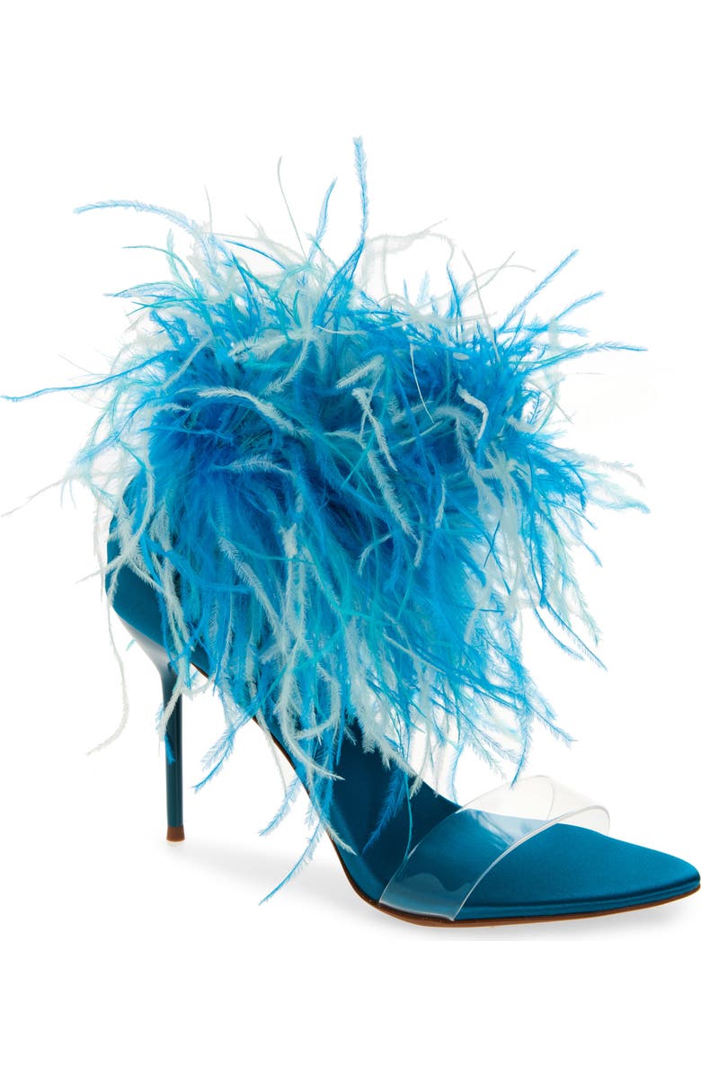 Jeffrey Campbell Bienvenue Feather Ankle Strap Sandal, Main, color, Turquoise Satin Combo