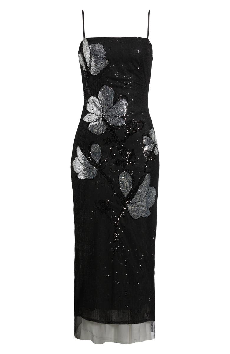 Vince Camuto Placed Sequin Floral Gown, Alternate, color, Black