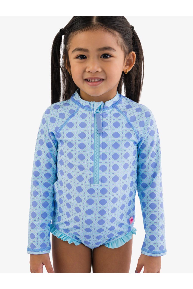 Girls UPF50+ Sun Protection Long Sleeve Rash Guard One Piece, Alternate, color, Periwinkle Blue Coastal Cane