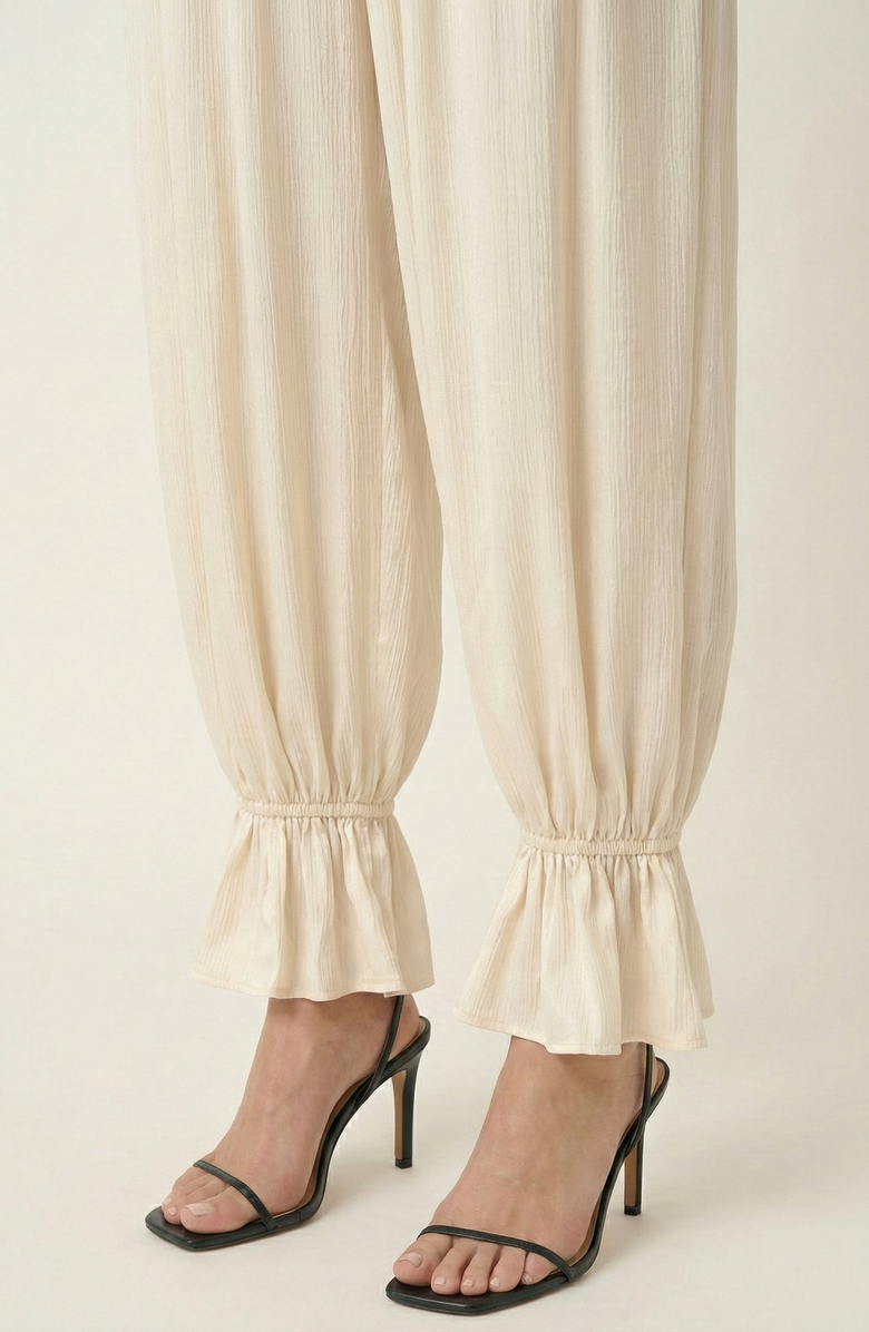 Modenaire Pleated Pull On Pants with Elastic Waist Ruffled Ankle Hem, Alternate, color, Off-White