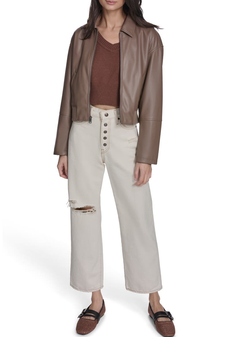 Faux Leather Bomber Jacket, Alternate, color, PINE BARK