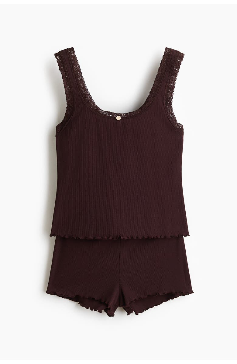 H&M Lace-trimmed Ribbed Pyjamas, Main, color, Dark Brown