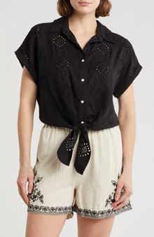 ELIE ELIE TAHARI Embroidered Eyelet Short Sleeve Tie Front Shirt
