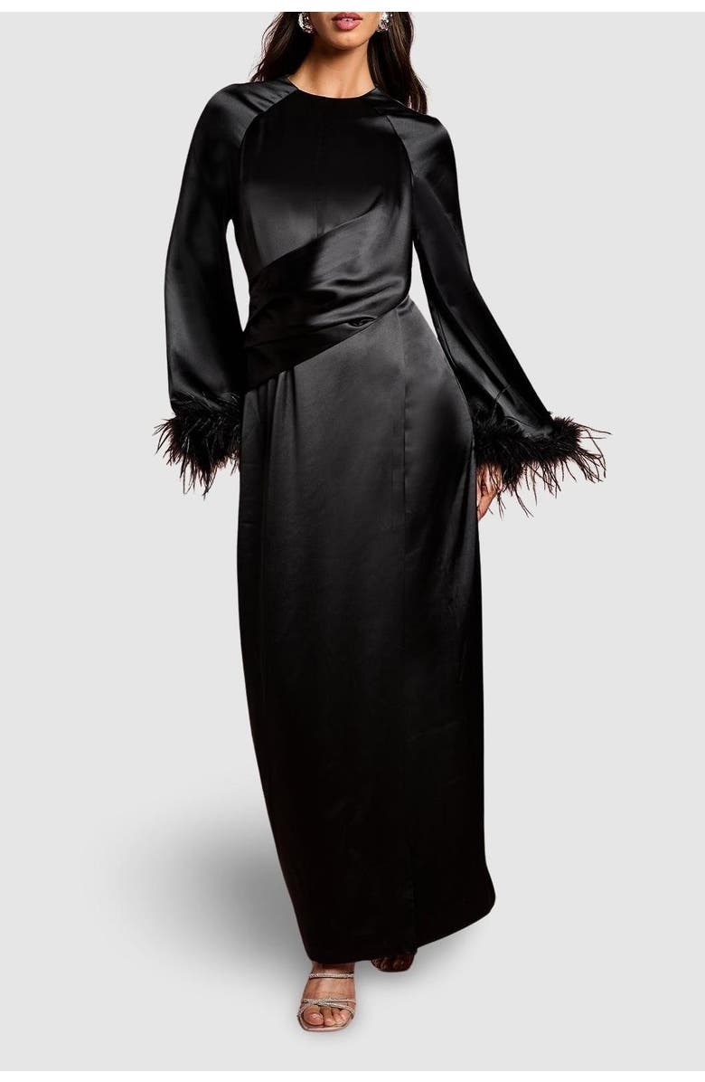 Coast Feather Trim Satin Maxi Dress, Alternate, color, Black