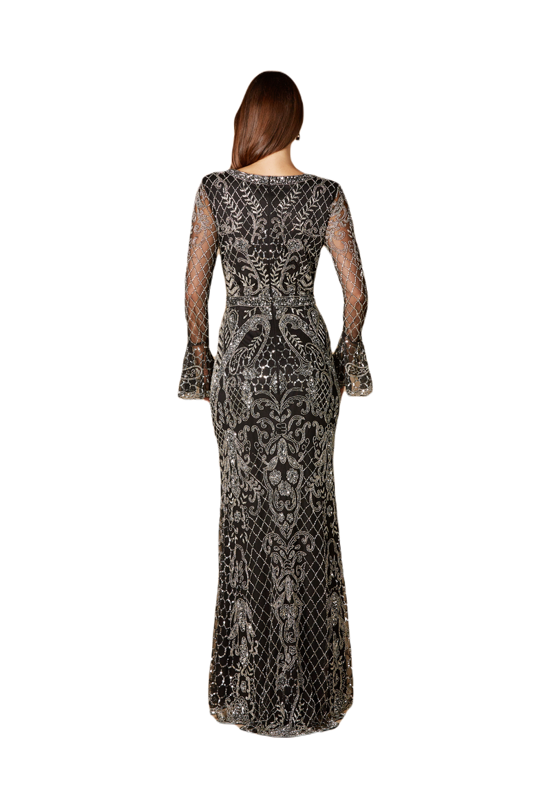 Long Bell Sleeve V-Neck Beaded Gown, Alternate, color, BlackSilver