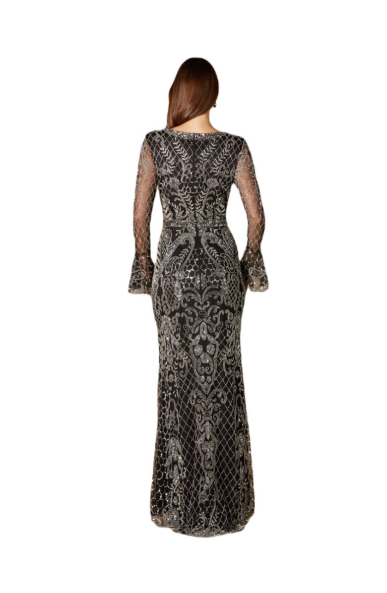 LARA New York Long Bell Sleeve V-Neck Beaded Gown, Alternate, color, Blacksilver