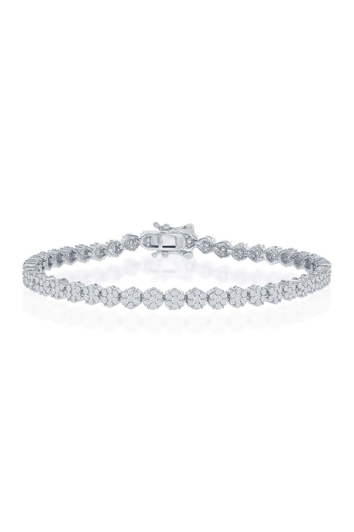 SIMONA Rhodium Plated Sterling Silver Cubic Zirconia Flower Tennis Bracelet