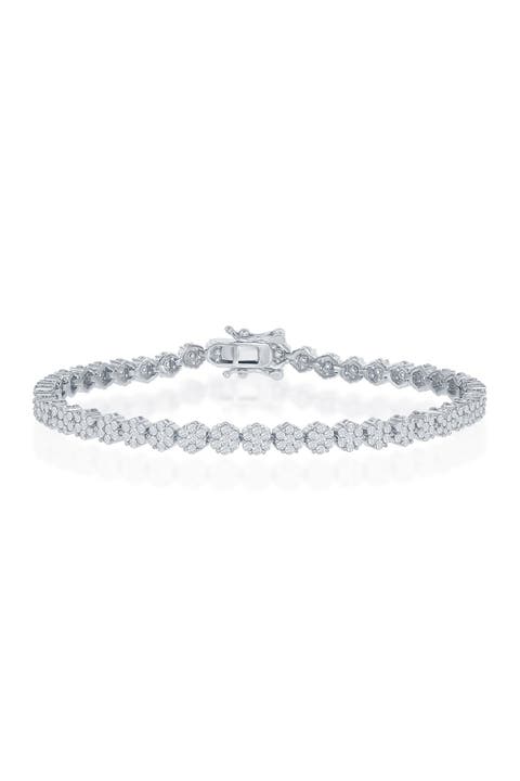 Rhodium Plated Sterling Silver Cubic Zirconia Flower Tennis Bracelet