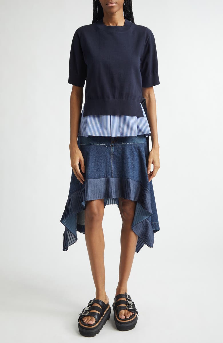 Sacai Mixed Media Asymmetric Satin & Denim Midi Skirt, Alternate, color, Blue