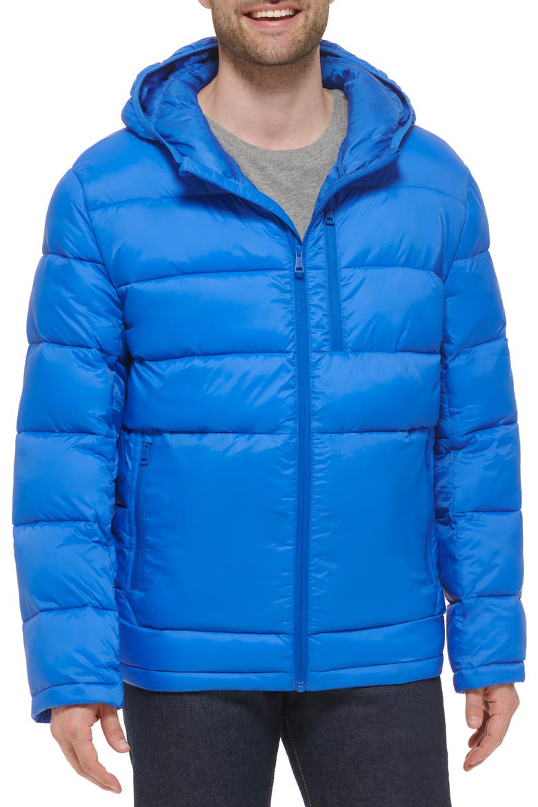 Hooded Nylon Puffer Jacket, Main, color, COBALT