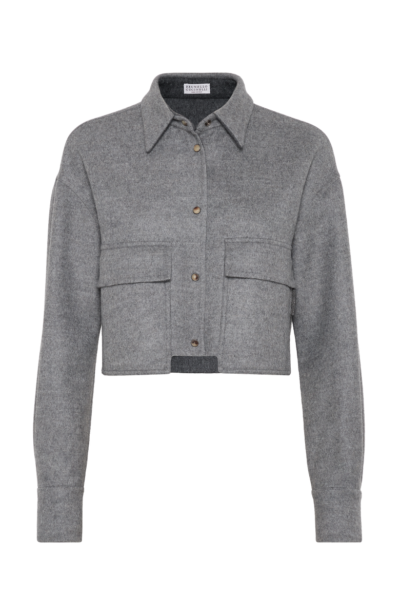 Brunello Cucinelli Virgin wool double cloth cropped shirt-style outerwear jacket with shiny tab, Main, color, 