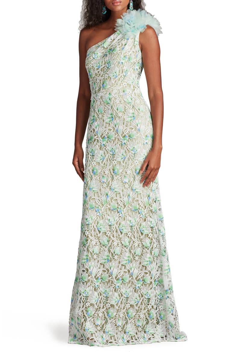 Embroidered Lace One-Shoulder Gown, Alternate, color, WHITE/ ALOE GREEN