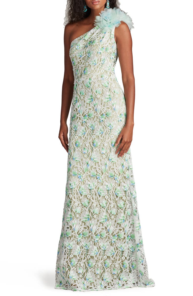 Tadashi Shoji Embroidered Lace One-Shoulder Gown, Alternate, color, White/ Aloe Green