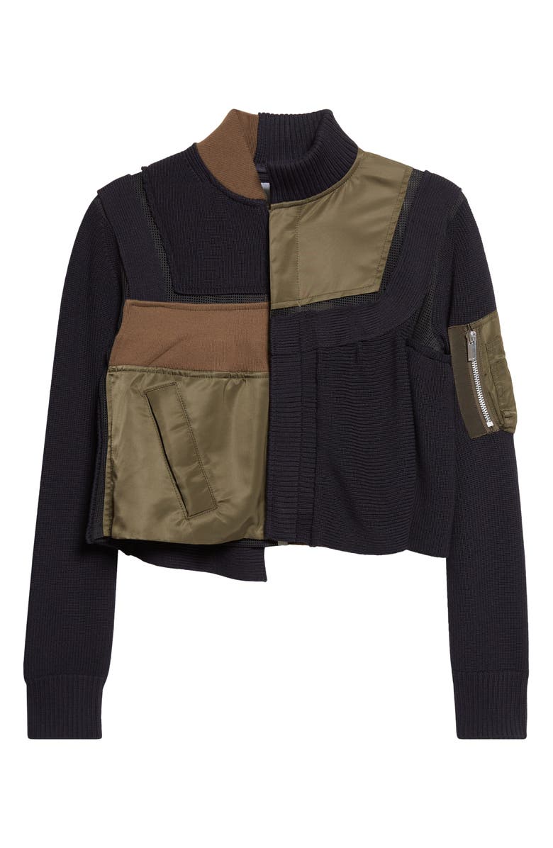 Sacai Patchwork Mixed Media Crop Jacket, Main, color, Dark Khaki/ Navy