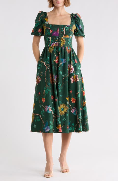 Botanical Print Corset Bodice Stretch Cotton Midi Dress