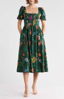 Botanical Print Corset Bodice Stretch Cotton Midi Dress