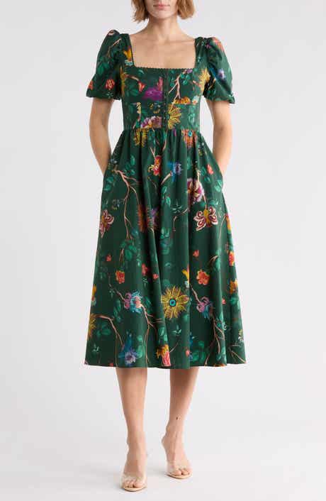 Botanical Print Corset Bodice Stretch Cotton Midi Dress