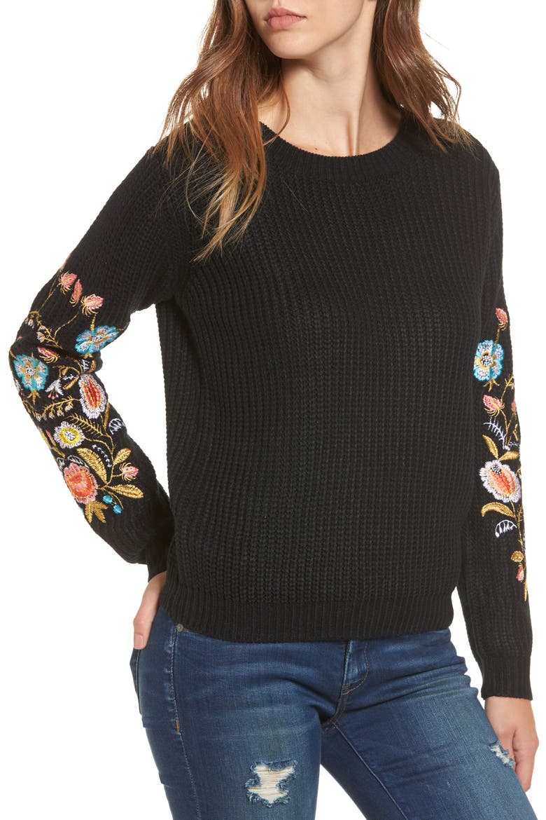 Embroidered Waffle Stitch Sweater, Main, color, BLACK