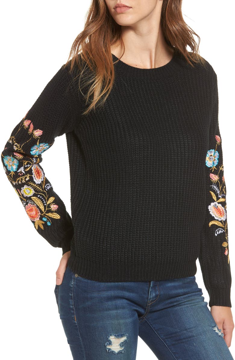 Woven Heart Embroidered Waffle Stitch Sweater, Main, color, 