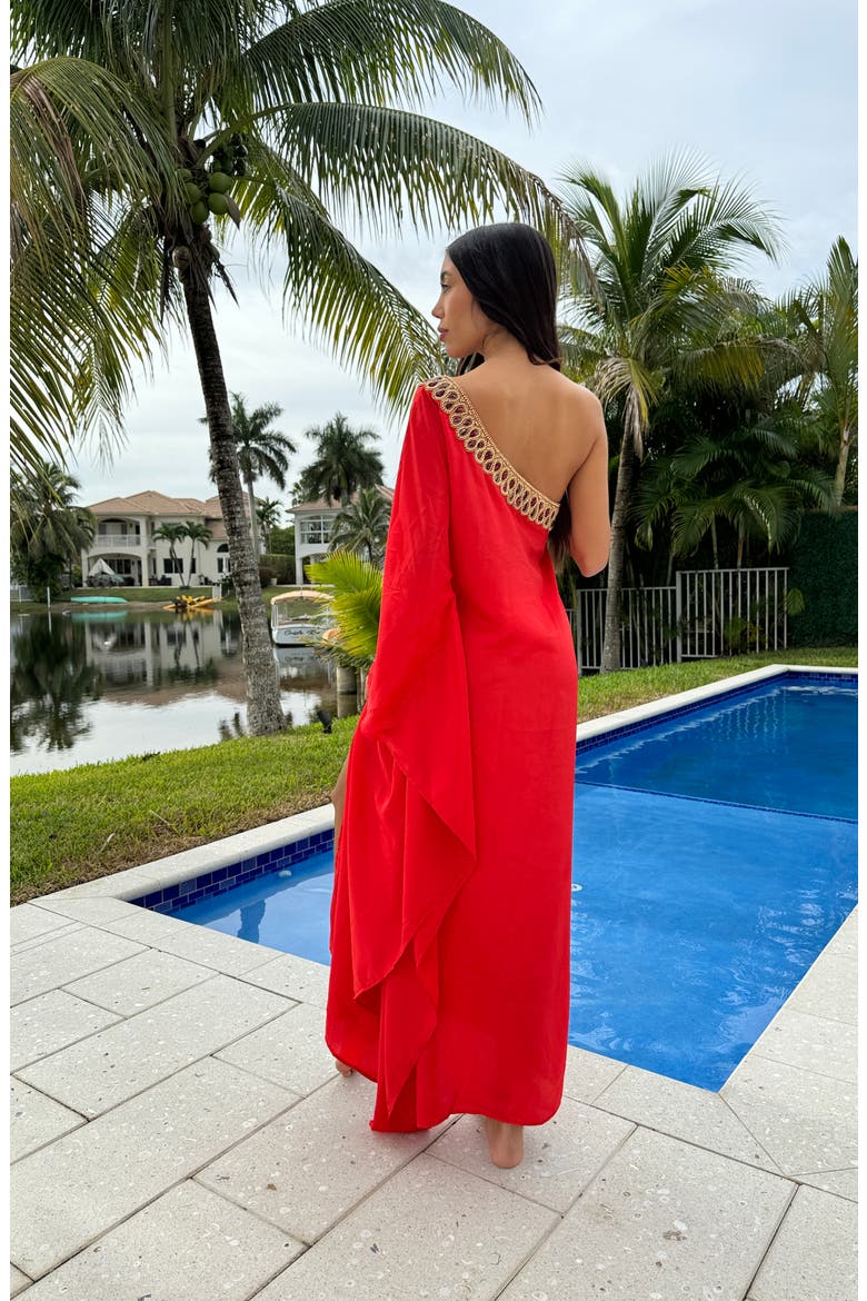 Embellished One-Shoulder Long Sleeve Cover-Up Dress, Alternate, color, RED