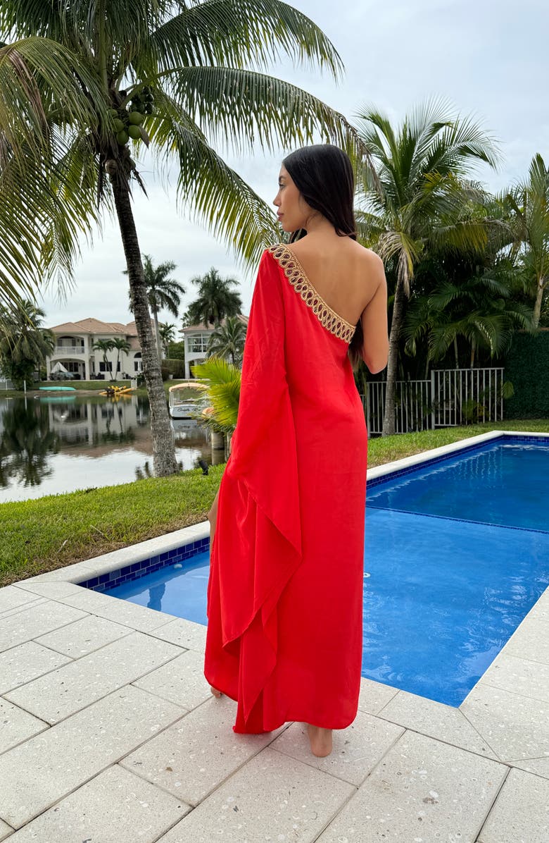 RANEES Embellished One-Shoulder Long Sleeve Cover-Up Dress, Alternate, color, Red