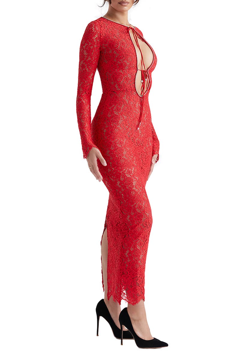 Lisandra Crystal Trim Long Sleeve Lace Dress, Alternate, color, RED
