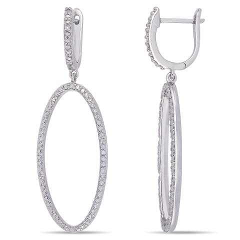 Diamond Oval Drop Hoop Earrings Sterling Silver
