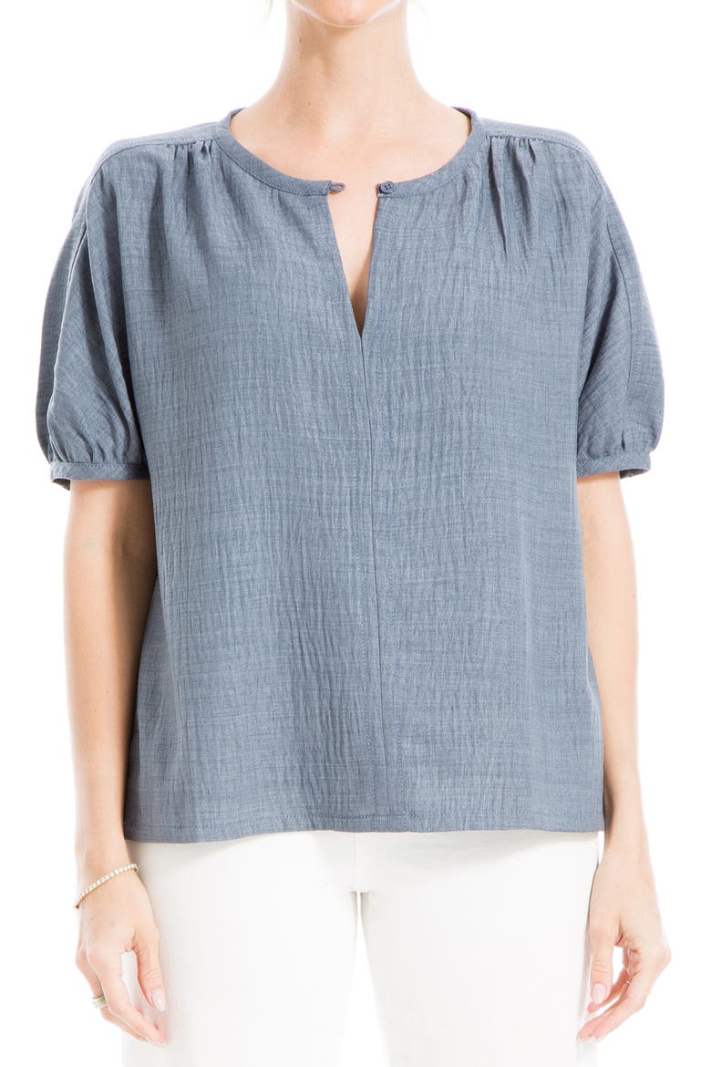 Short Sleeve Split Neck Blouse, Main, color, HEATHER BLUE STEEL