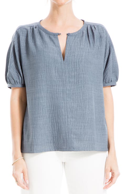 Short Sleeve Split Neck Blouse (Regular & Plus Size)