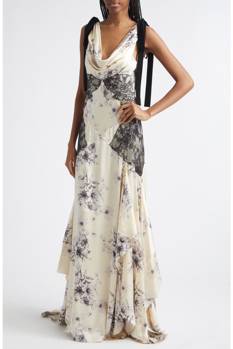 Handsketched Floral Lace Inset Gown, Alternate, color, GARDENIA/ BLACK