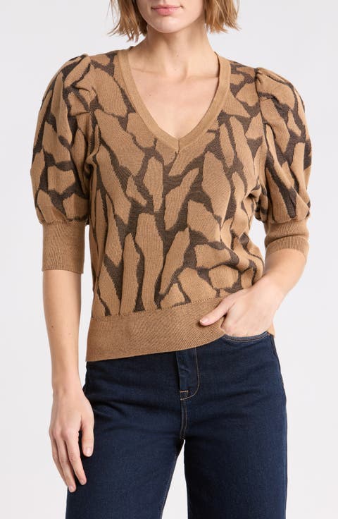 Puff Sleeve Textured V-Neck Sweater