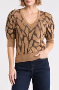 DKNY Puff Sleeve Textured V-Neck Sweater