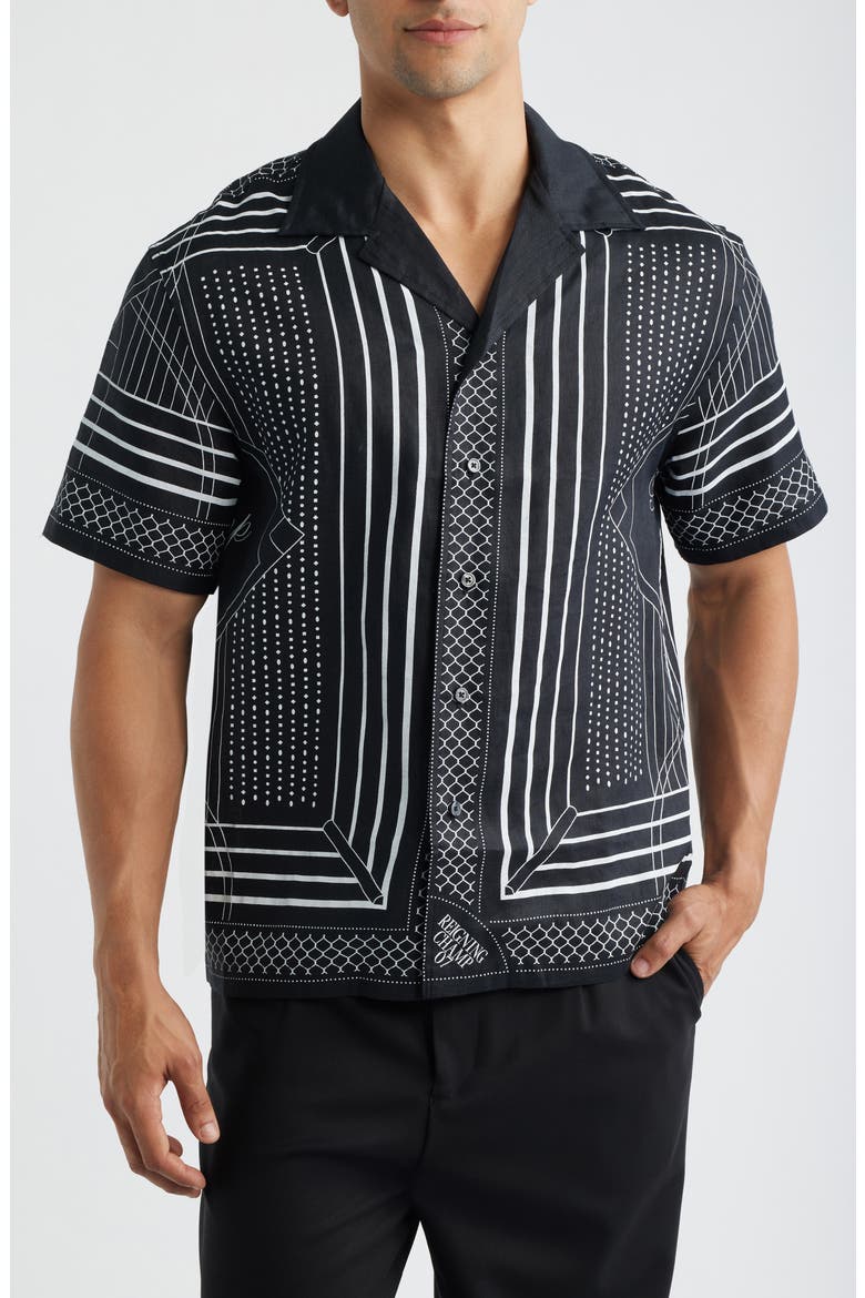 Arena Relaxed Fit Geo Print Linen Camp Shirt, Main, color, BLACK-WHITE