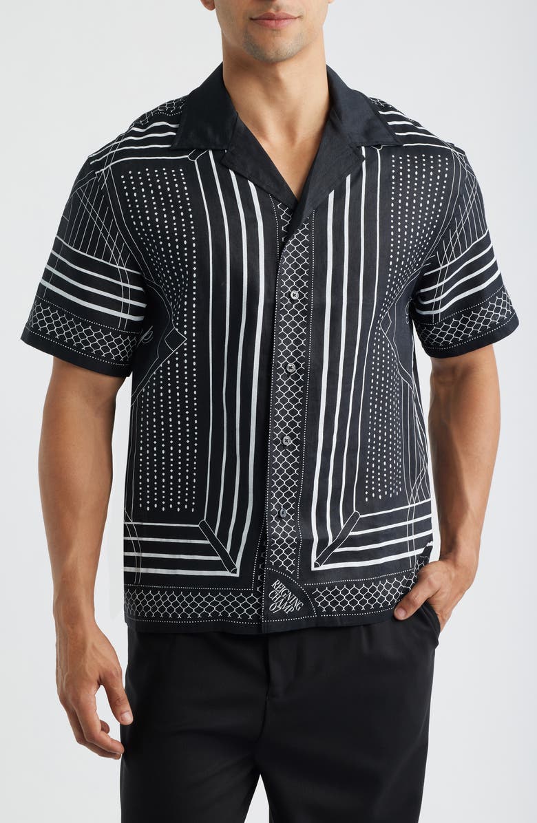 Reigning Champ Arena Relaxed Fit Geo Print Linen Camp Shirt, Main, color, Black-White