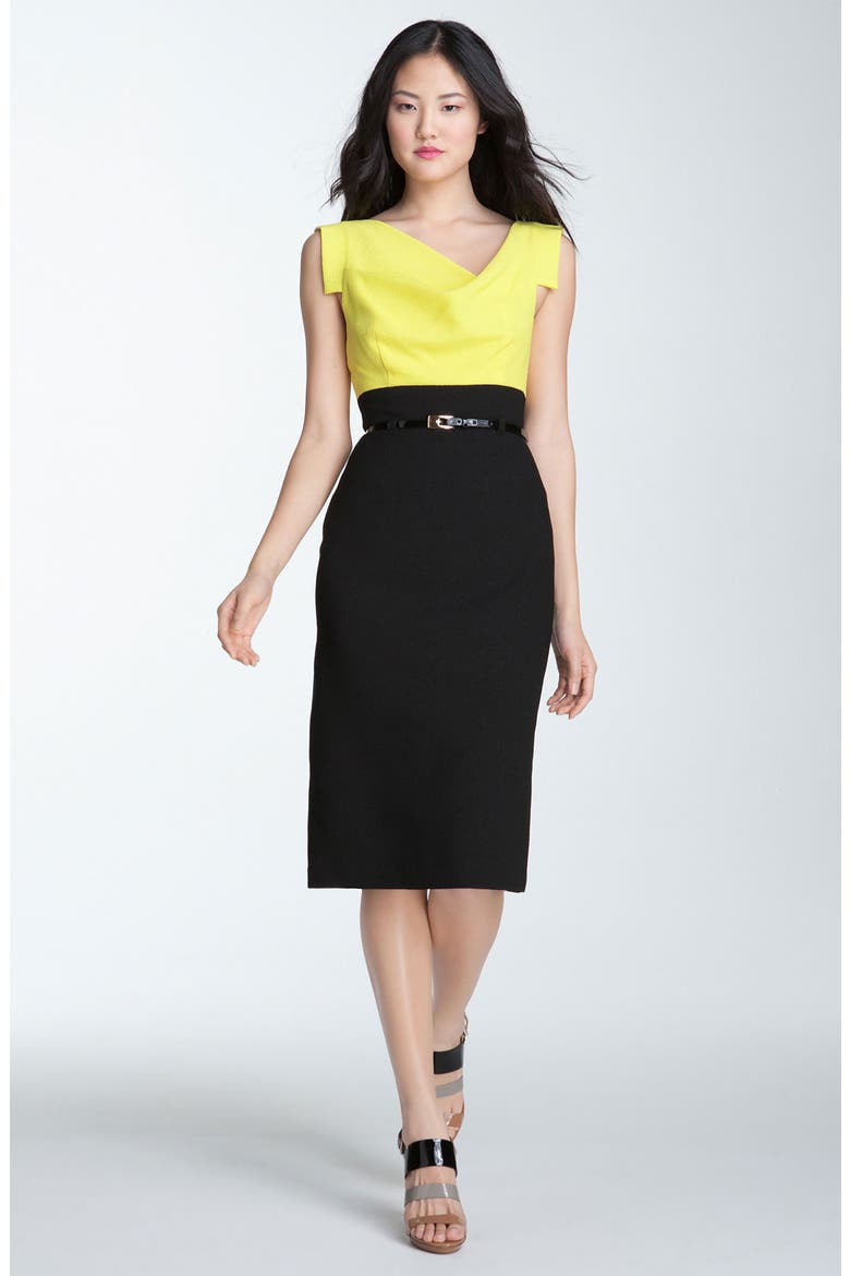 'Jackie' Coloblock Pencil Crepe Dress, Main, color, SUNBURST/ BLACK